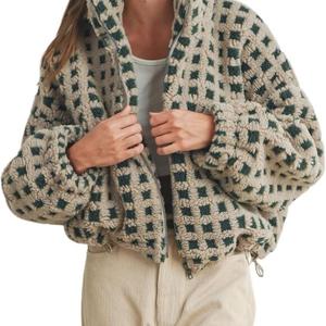 Oymyakon Women Checkered Sherpa Jacket Cropped Long Sleeve Fuzzy Plaid Fleece Coats Casual Zip Up Gingham Outwear (X-Large, Green and beige)