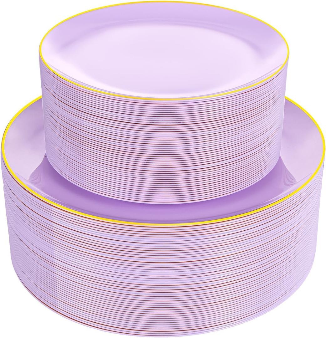 PULOTE 100PCS Purple Plastic Plates Disposable - Include 50 Dinner / 50 Dessert Plates Heavy Duty for Party, Wedding&Birthday