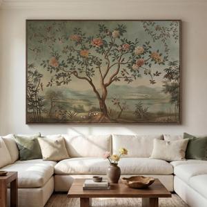 Oversized Framed Vintage Chinoiserie Landscape Living Room Wall Art, Retro, Asian inspired, Tree and floral, Nature, Canvas artwork, Dining room decor, 72x48, 70"L x 47"W