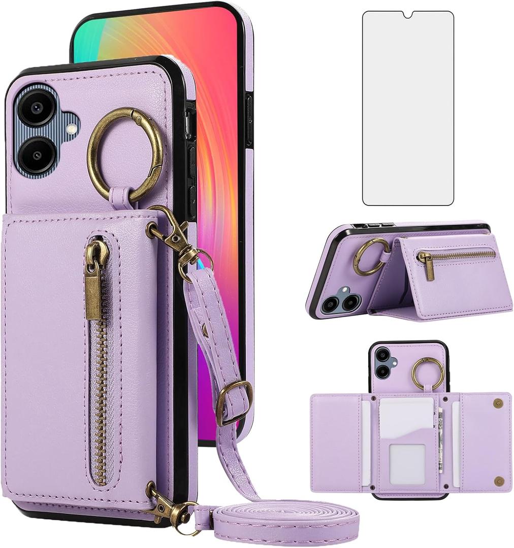 Asuwish Compatible with Samsung Galaxy A06 5G Wallet Case with Tempered Glass Screen Protector and Crossbody Shoulder Strap Buckle Card Holder Cell Phone Cover for Ao6 A 06 4G LTE Women Girls Purple