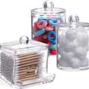 Tbestmax Plastic Qtips Holder Bathroom Container, 10/7 OZ Cotton Ball/Swabs Dispenser, Apothecary Jar Organizer for Storage 3 Pcs (Group A-Clear)