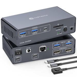 KVM Docking Station with USB C KVM Switch 2 Monitors 2 Laptops 4K60Hz HDMI EDID KVM Switches Dual Monitor for 2 Computers Share a 1G Ethernet 5 USB A/C Devices and SD/microSD Card Slots