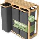 Laundry hamper 3 section grey - Space-saving laundry basket - Up to 40 gallons (5.35 cu ft) of storage - Sturdy bamboo construction - Storage area - Removable, washable laundry bags