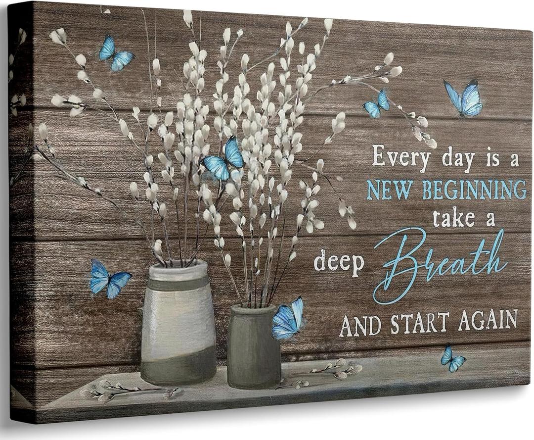 Farmhouse Bathroom Canvas Wall Art Vintage Rustic Country Flower Blue Butterfly Painting Picture Wall Decor Every day is a new beginning Poster Print Artwork for Living Room Bathroom Home Decoration