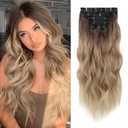 WECAN Clip in Hair Extension 24 Inch Omber Blonde 6PCS Long Wavy Curly Hairpieces for Women Natural Thick Synthetic Fiber Double Weft Hair Full Head