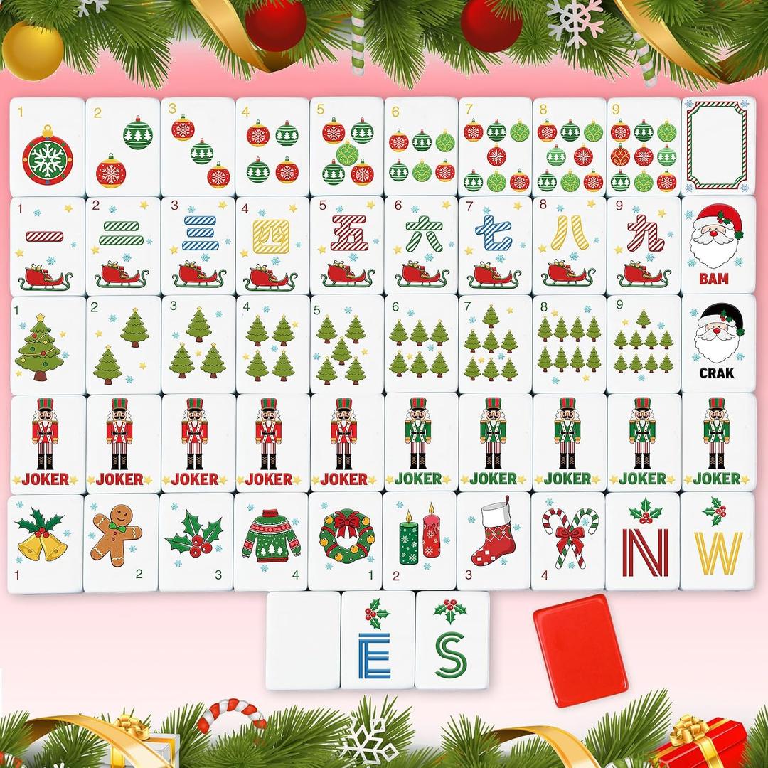 Christmas Theme American Mahjong Tiles Set, 160 Pcs Double Layer Mah Jong Tiles with Red Color for Christmas Mahjong Gifts Game Night Family Night Xmas Party Adult Players, Melamine