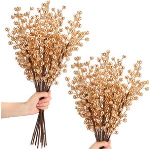 20 Pcs Christmas Berry Stems Berry Picks 20.5 Inch Artificial Christmas Picks Christmas Tree Picks and Sprays Holly Berries Branches for Home Christmas Decorations Wedding Holiday (Gold)