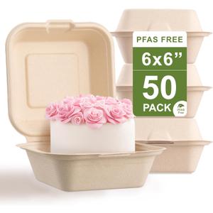 [50 COUNT]Harvest Pack PFAS FREE 6 X 6" Compostable Square Hinged Container, Single Compartment Clamshell Takeout Box, Heavy-Duty Bagasse Food Container, Made from Eco-Friendly Plant Fibers