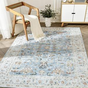 jinchan Area Rug 3x5 Entryway Rug - Washable Vintage Boho Floral Floor Cover Lightweight Low Pile Indoor Doormat Thin Non-Slip Carpet for Kitchen Living Room Bedroom Dining Room Office Light Blue (Distressed Blue Multi)