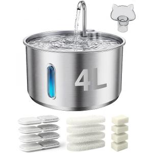 Stainless Steel Cat Water Fountain, 4L/135oz Large Capacity Automatic Pet Water Fountain for Cats & Small Dogs, Quiet USB Powered Pet Water Dispenser with 4 Filters & 4 Sponges