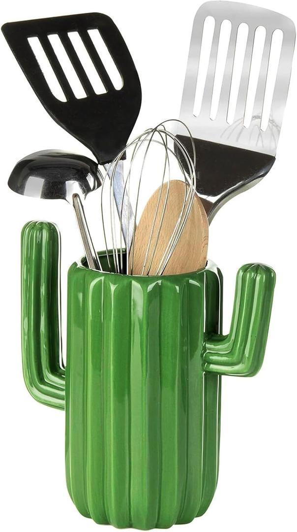 MyGift Ceramic Cactus Utensil Holder, Southwestern Green Countertop Crock  Durable Kitchen Organizer for Spoons, Paintbrushes, Desert & Cactus Home Decor