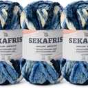 Fuzzy Chunky Chenille Yarn for CrochetingSoft Plush Yarns for Hand KnittingBulky 3x100g3x49.2 yd Baby Blanket Yarn for Crocheting AmigurumiCrochet Fluffy Velvet Yarns (3 Blue-White)