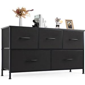 DUMOS Dresser for Bedroom, 5 Storage Drawers, Wide Fabric Closet Chests Organizer Tower Furniture with Wooden Top Metal Frame for Clothes, Guest Room, Living Room, Hallway, Entryway (11.8"D x 39.4"W x 20.9"H (5 Drawers), Black)