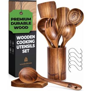 Wooden Spoons for Cooking, Wooden Cooking Utensils Set, Wooden Utensil Set with Holder, Spoon Rest & Hooks, Mother's Day Gift  8-piece set of wooden utensils with 6 metal hooks