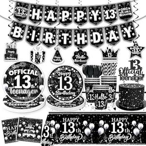 13th Birthday Decorations for Boys Tableware Set, Black Themed 13th Birthday, Banner Officially a Teenager Party Decorations for Kids Boys Teenager Favors