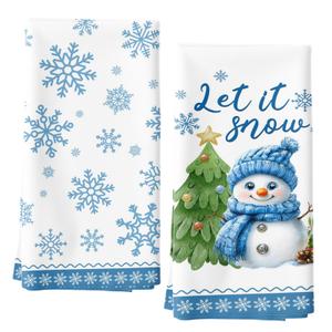 Christmas Decorative Kitchen Towels Set of 2, ‘Hello Winter’‘Let it Snow’ Dish Towels, Christmas Ornaments, Hand Towels, 16x24 Inches, for Family, Friends