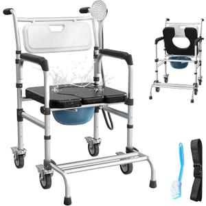 4 in 1 Rolling Bedside Commode Chair with Wheels for Elderly, Shower Chair with Handles, Adjustable Height Raised Toilet Seat for Seniors, Disabled and Pregnant Holds Up to 350 lbs (Black)