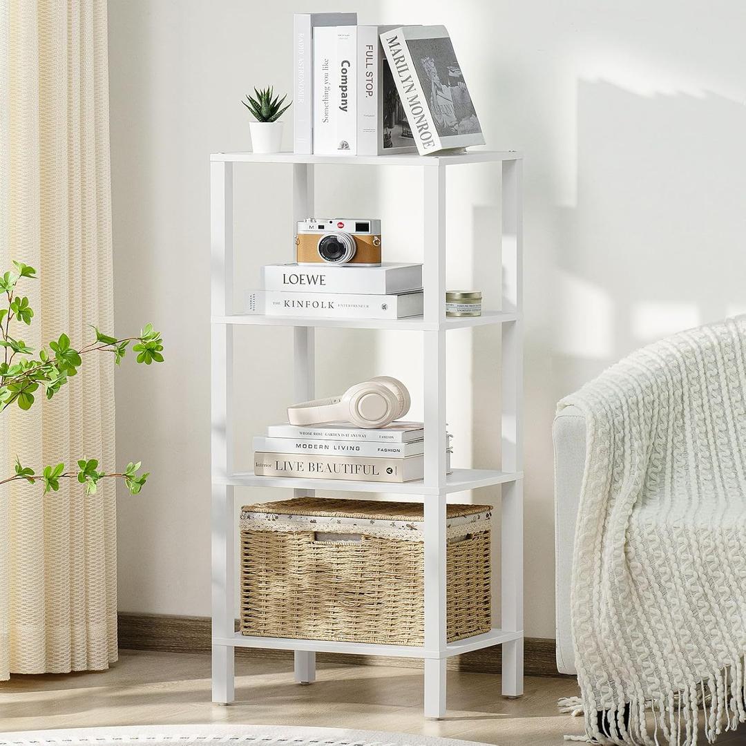 4 Tier Tall Wooden Bookshelf with Storage - Small White Bookcase for Small Spaces, Small Shelf for Living Room, Office, Bedroom, Kitchen - Industrial Modern Book Shelf