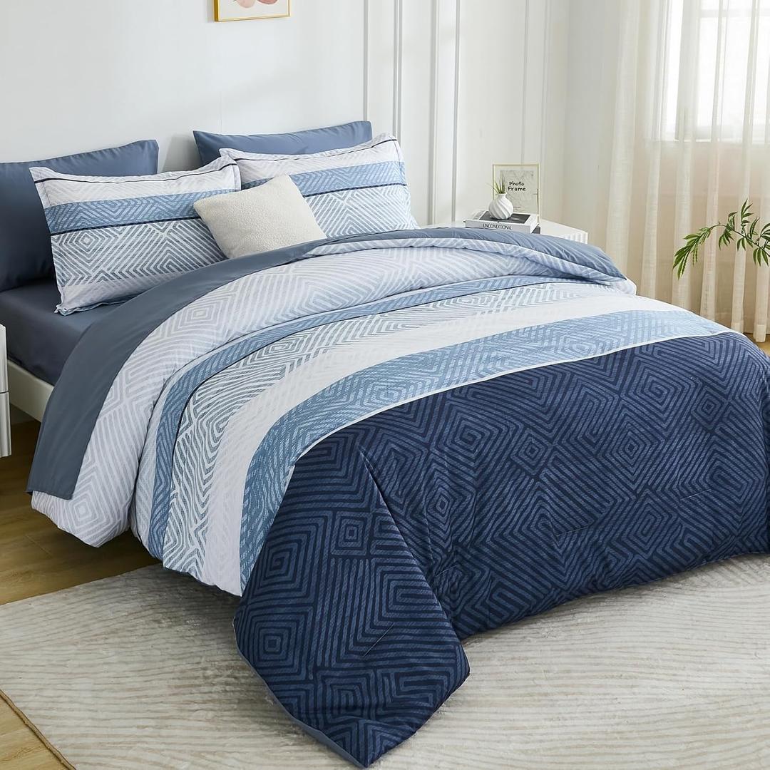 Drucon Comforter Set California King Size 7 Piece Bed in a Bag Boho Blue Striped Bedding Set Soft Microfiber Comforter and Sheet Set for All Season (Cal King, 104"x96")