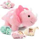 17.6in Pink Dinosaur Toys for Girls, Mommy Dinosaur Stuffed Animal with 3 Baby Dino Plush(Triceratops, Stegosaurus and Diplodocus),Small Dino Plushies for Girls and Boys,Gifts for Kids