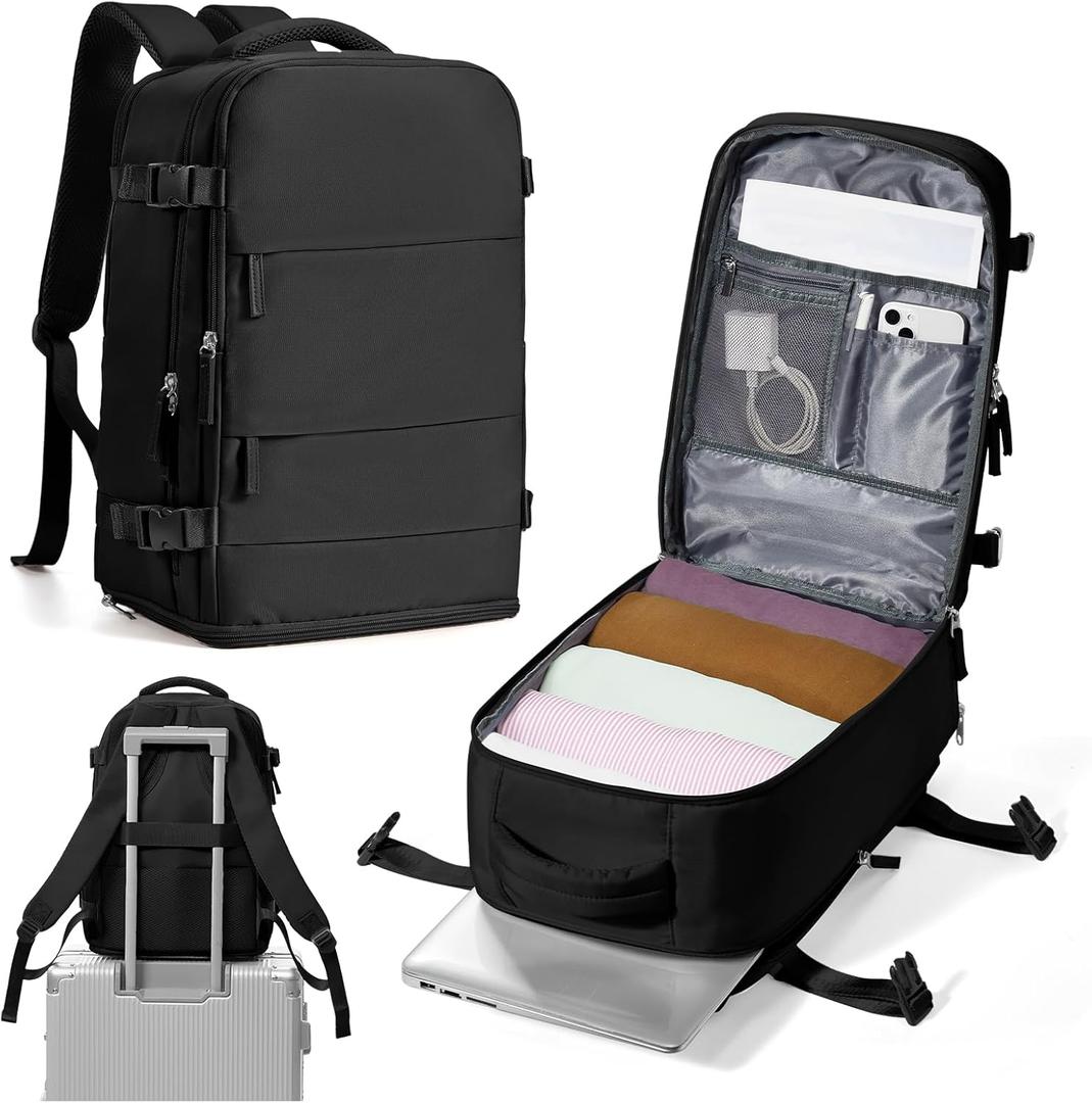 Travel Backpack for Women Men,Carry On Backpack,14inch Laptop Backpack Airline Approved,Water Resistant Luggage Daypack with Shoe Pouch,Casual Backpack for School Weekender Business Trip,Black (Small)