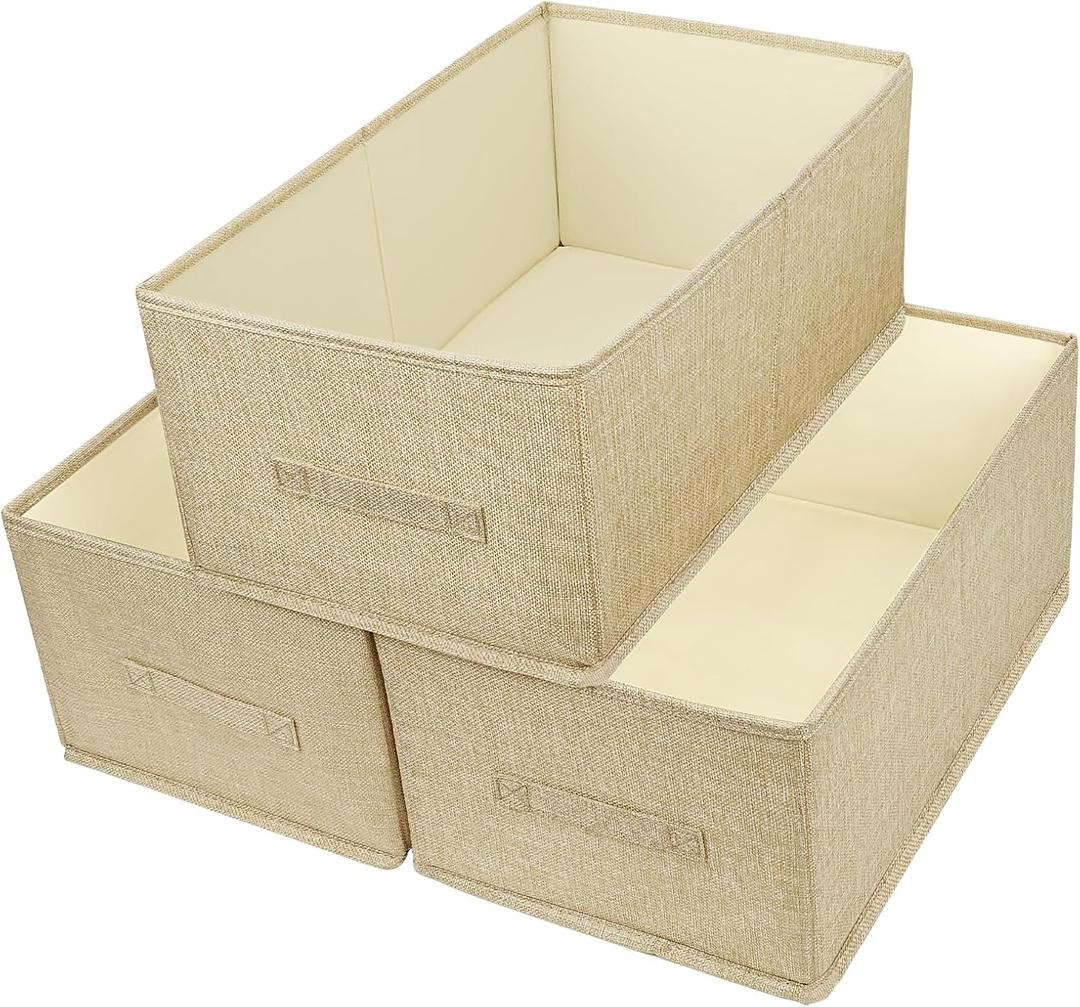 Open Storage Bins with Handle BOPEY Clothes Organizer Container Linen Fabric Foldable Basket for Home Closet Shelves Nursery Toys Books Beige Large 3-pack (BP006)