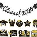 3 x Graduation Decorations 2026, Class of 2026 - Party Supplies Kit with Black and Gold Pre-Strung Glitter Banner & Congrats Grad Cutouts Signs for High School, College, Home, Car Parade