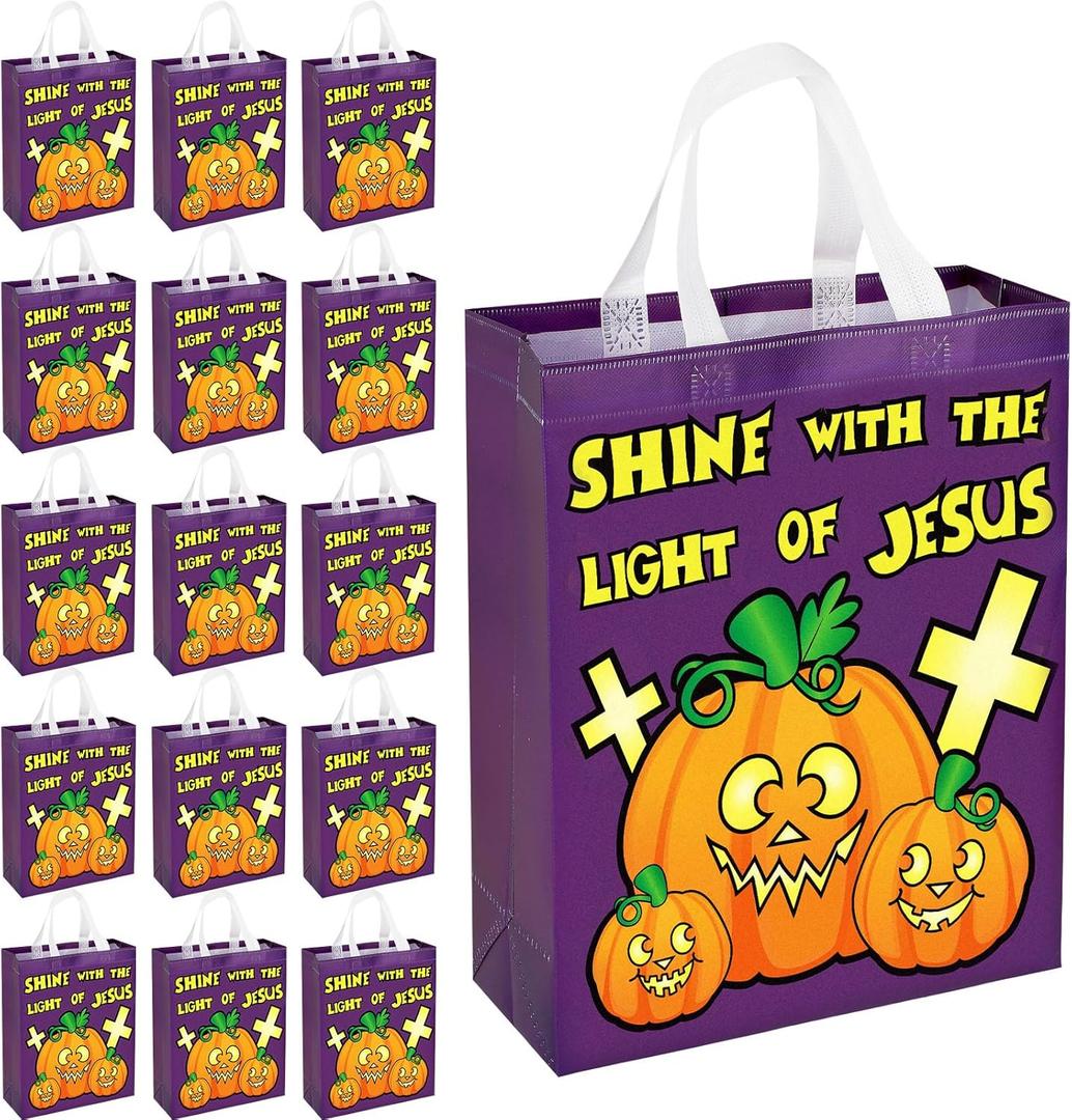 Windyun 100 Pcs Halloween Bags Bulk Christian Religious Pumpkin Non Woven Candy Goody Bags with Double Handles Halloween Favors Gift for Party 11x13.8 Inch