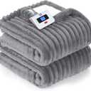 Sealy Electric Blanket Twin Size, Soft Ribbed Flannel to Sherpa Reversible Heated Blanket with 10 Heat Settings & 1 to 12 Hours Auto-Off Overheat Protection Machine Washable, 62"x84" Light Grey