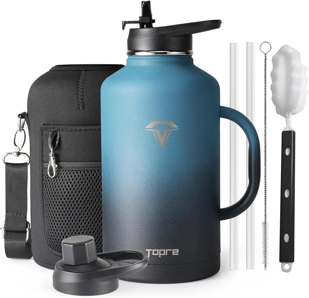 64oz Water Bottle Insulated with Handle,Double-Wall Vacuum Stainless Steel (Cold for 48 Hrs), Half Gallon Water Jugs,Reusable Metal Water Flask with Carry Pouch,Straw & Spout Lid, Indigo Black