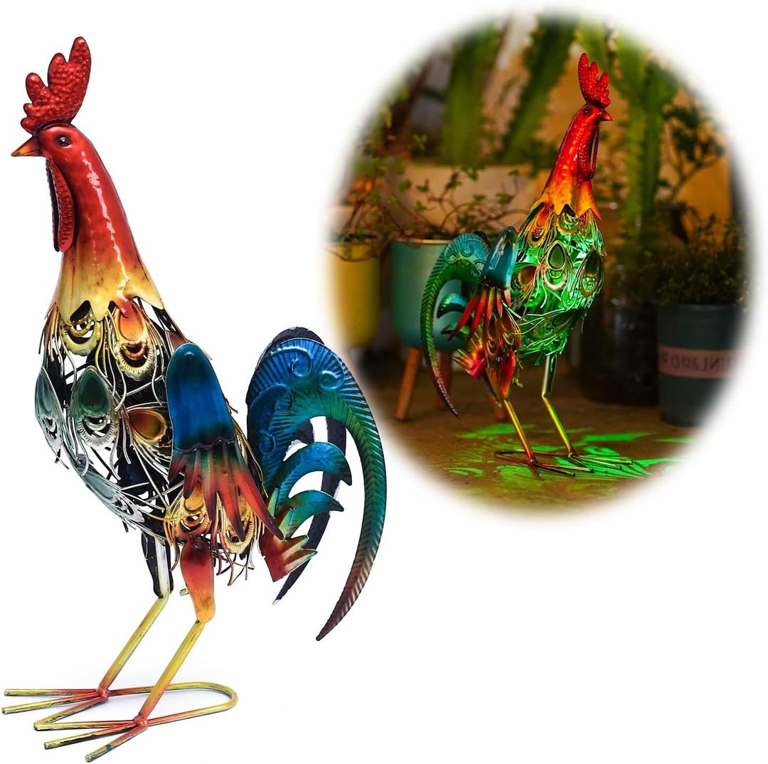 19 Inch Solar Rooster Statue, Metal Yard Art with Colorful Lights for Garden Lawn Outdoor Decoration Gifts