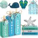 Vercraft 11 Pcs Summer Beach Table Decorations Ocean Tiered Tray Decor Summer Centerpiece Decorative Wood Books Table Top Decor Starfish Wooden Sign for Home Party Supplies (Ocean)