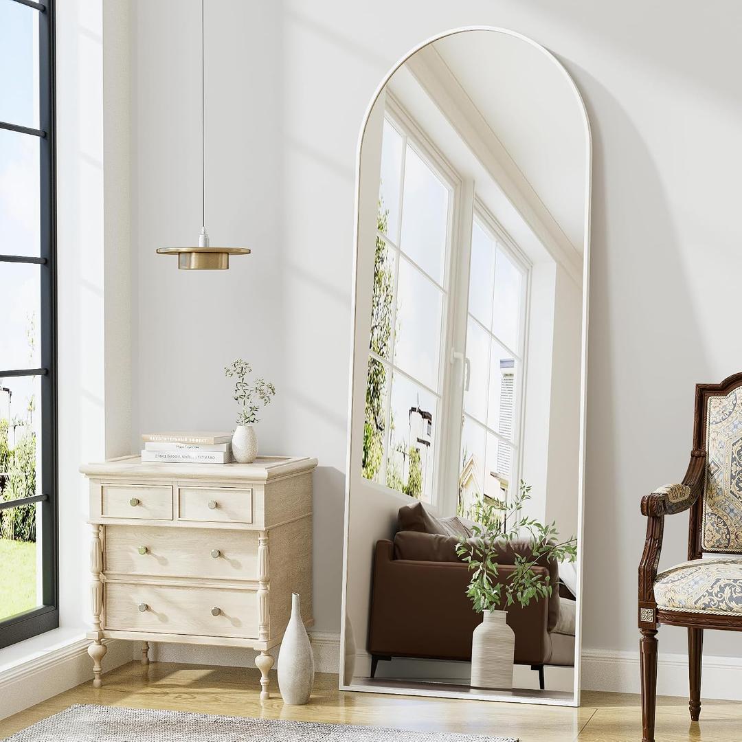 Arched Floor Mirror, 56"x20" Full Length Mirror, Standing Mirror Hanging or Leaning, Body Mirrors with Stand, Wall Mounted Mirror, Arched-Top Mirrors with Aluminum Frame for Bedroom (White)