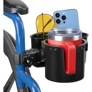 JOYTUTUS Wheelchair Cup Holder 2 Pack, 2-in-1 Walker Cup Holder with 6.4'' Storage Box, Drink Holder for Bottle with Handle, Fit for Wheelchair, Walker, Rollator, Stroller, Camper, Golf cart (Large)