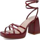 Reitoye Strappy Platform Heels for Women Ankle Strap Chunky Block Heel Square Open Toe Heeled Sandals for Party Wedding Prom Dress (6, Burgundy)