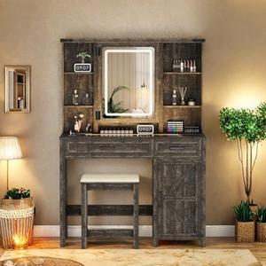 ChicFurnit Makeup Vanity, Farmhouse Vanity Desk with Spacious Storage, Glass Tabletop & USB Charging Station, Vanity Cabinet with Matching Stool & Adjustable LED Lights for Bedroom, Vintage Brown