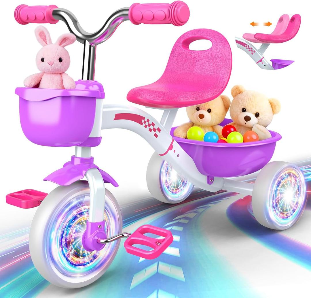 Kkdi Toddler Tricycle for 1-3 3-5 Year Olds, 2 3 4 5 Year Old Girl Birthday Gifts, Purple Toddler Baby Bike, 4-Level Adjustable Seat, 3 Color Light Wheels, 2 Baskets, Outdoor Riding Toys for Ages 2-4