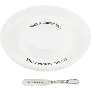 Mud Pie Circa Cheese Ball Dish Set,White, dish 1 1/2" x 9 1/2" dia | spreader 5 1/2"