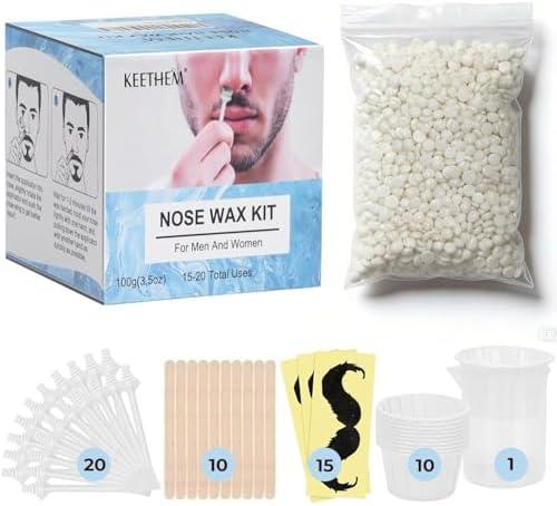 Nose Hair Wax Kit – 100g Nose Wax + 20 Applicators + 15 Mustache Guards + 10 Paper Cups + 10 Sticks + 1 Measuring Cup – Nose Wax Kit Men & Women, At-Home Hair Removal for 20+ Uses