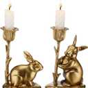Havawish 2 Pcs Easter Bunny Taper Candle Holder Vintage Gold Bunny Decorations Rustic Candlesticks Pedestal Rabbit Centerpieces Decor for Easter Home Mantle Table