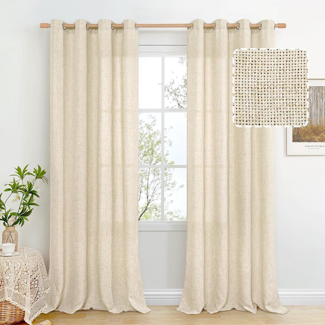 BGment Beige Linen Curtains 90 Inch Long for Living Room - Burlap Textured Light Filtering Window Treatments Grommet Sheer Drapes for Farmhouse, 2 Panels, 52 X 90 Inch
