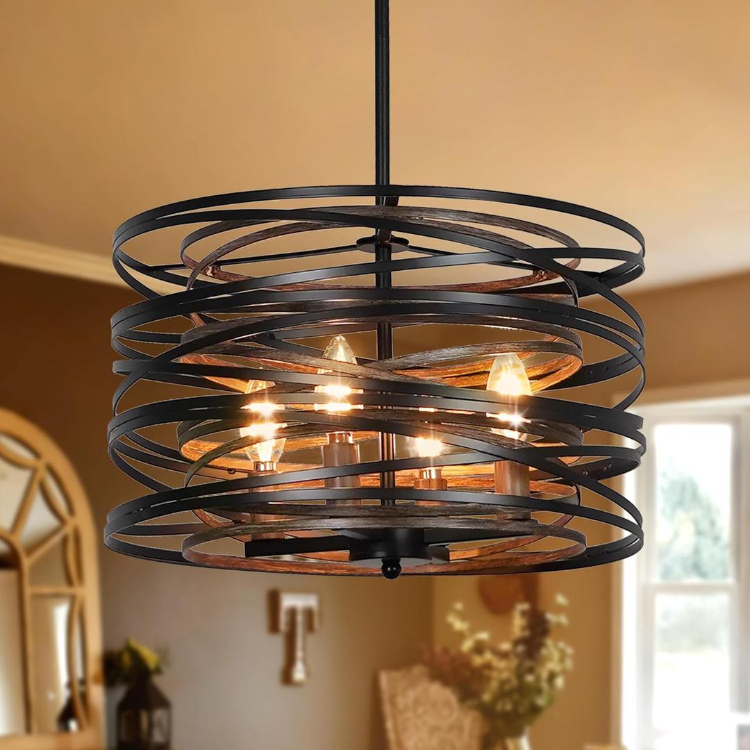 15.7inch Farmhouse Chandelier, Drum Black Farmhouse Chandelier Rustic Wood Grain Metal Chandeliers for Dining Room Retro Semi Flush Mount Foyer Chandelier Entryway Pendant Light for Kitchen Bedroom