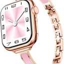 Mosonio Slim Designer Bracelet Bands for Apple Watch Women, Elegant Thin Dressy Metal Band with Embedded Silicone Accents Compatible with Apple Watch Ultra / Series 11 10 9 8 7 6 5 4 SE 3 2 1, Easy-Adjust Link Fancy Strap for iWatch  38mm 40mm 41mm 42mm(Series 11/10) (Rose Gold + Pink)