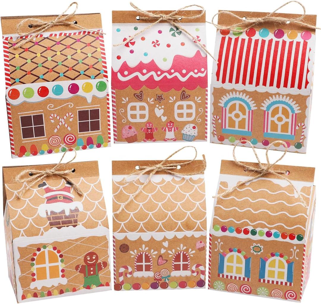 SULOLI 24 Pcs Christmas Kraft Paper Gift Boxes, Xmas Candy House Style Goodies Treat Bags for Christmas Party Favor