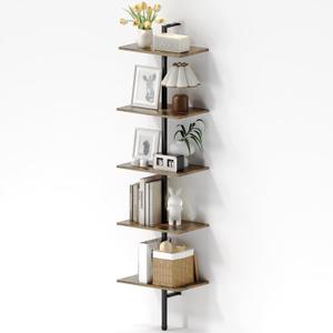 Ladder Shelf, 5-Tier Wooden Wall-Mounted Bookshelf with Metal Frame, Vintage Open Display Organizer Rack, Leaning Storage Shelves for Living Room, Bedroom, Home Office, Rustic Brown and Black, 72.3 x 12.98 x 10.35 inches