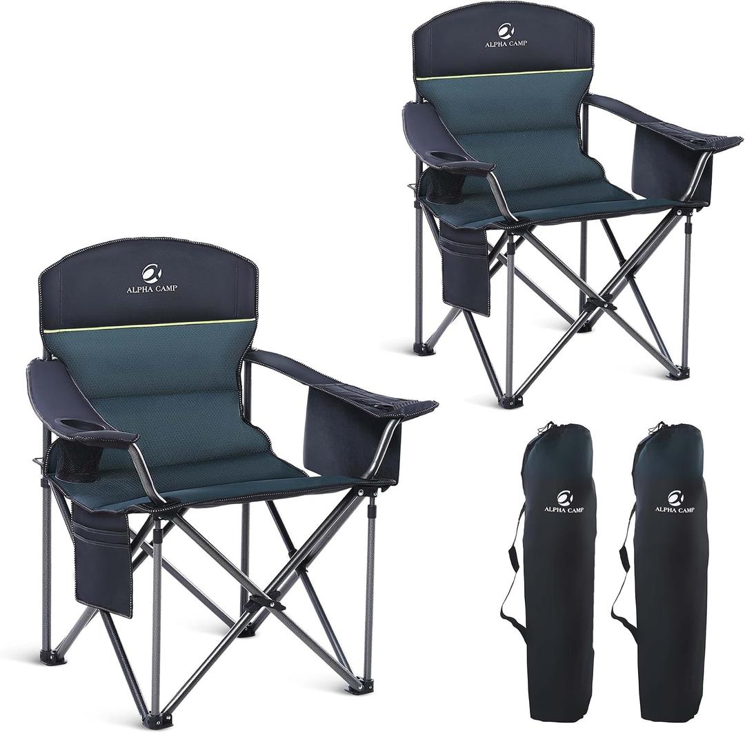 GREEN PARTY Folding Camping Chair Oversized Heavy Duty Lawn Chair with Cooler Bag, Cup Holder, Storage Pocket, Collapsible Padded Outdoor Arm Chair, Quad Lumbar, X-Large