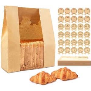 KEQ Bread Bags for Homemade Bread-Paper Bread Bag with Window-25 Pcs Sourdough Bread Bags with 30 Cute(10 Write-On) Sealing Stickers-Large Bakery Bags for Home Bakers & Bakery Owners