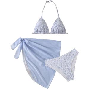 SOLY HUX Girl's Summer Swimsuit Set Floral Halter Triangle Bikini Set with Wrap Skirts Beachwear Size 15y (Blue and White)