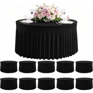 10 Pack Black 120 Inch Stretchy Fitted Spandex Tablecloths for 60 Inch Round Tables, Wrinkle Free Washable Polyester Table Covers with Skirt for Wedding Birthday Banquet Events, 120 Spandex Tablecloths -10pcs