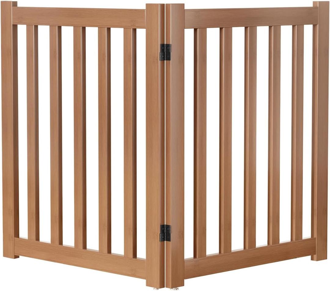 Wooden Freestanding Foldable Dog Gate, 24 Inch Height 2 Panel Pet Gate No Drill for Doorways Stairs, Fully Assembled Indoor Puppy Fence (Brown, 40" W x 24" H)
